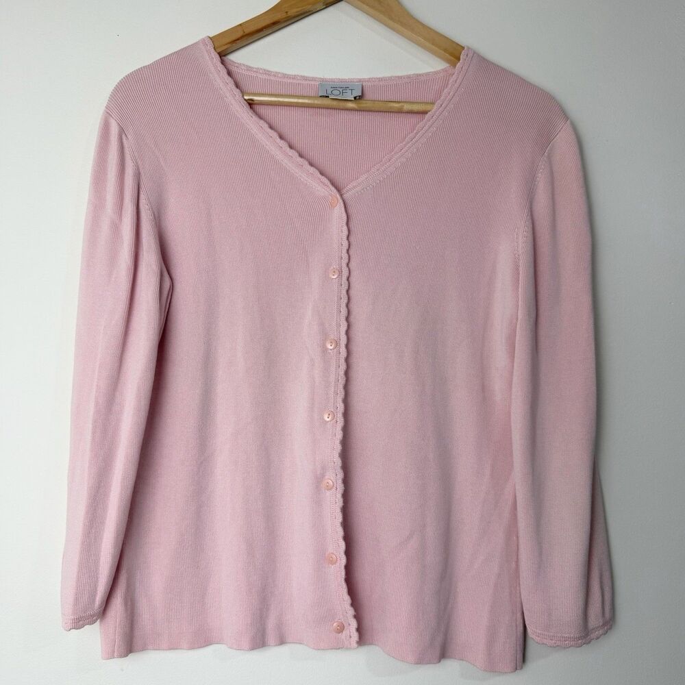 Vintage Ann Taylor Loft 100% Silk Pink Cardigan Scalloped Trim Women’s L